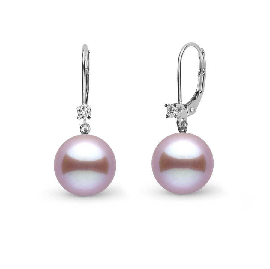 8.5-9.0 mm Lavender Freshadama Pearl and Diamond Harmony Earrings featuring round lavender freshwater pearls with sparkling diamond accents on elegant leverback settings.