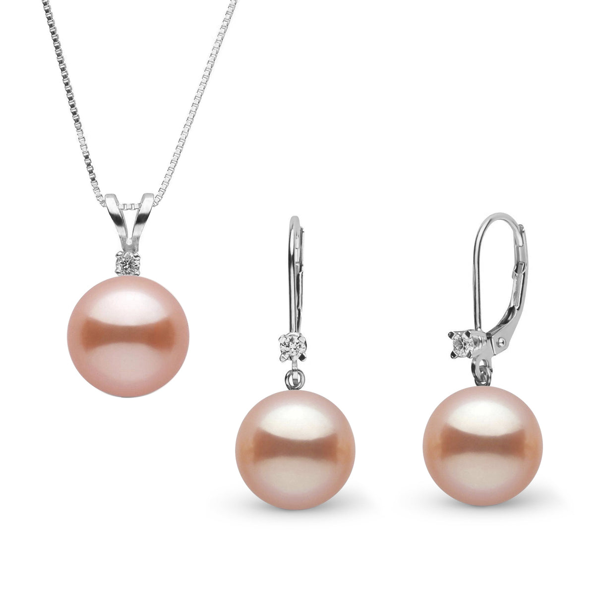 8.5-9.0 mm Pink Freshadama Pearl and Diamond Harmony Pendant and Earrings Set featuring lustrous pink pearls and sparkling diamond accents on elegant 14K white gold settings.