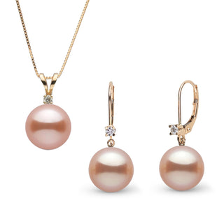 8.5-9.0 mm Pink Freshadama Pearl and Diamond Harmony Pendant and Earrings Set featuring soft pink freshwater pearls with diamond accents on gold settings, elegant pearl jewelry set