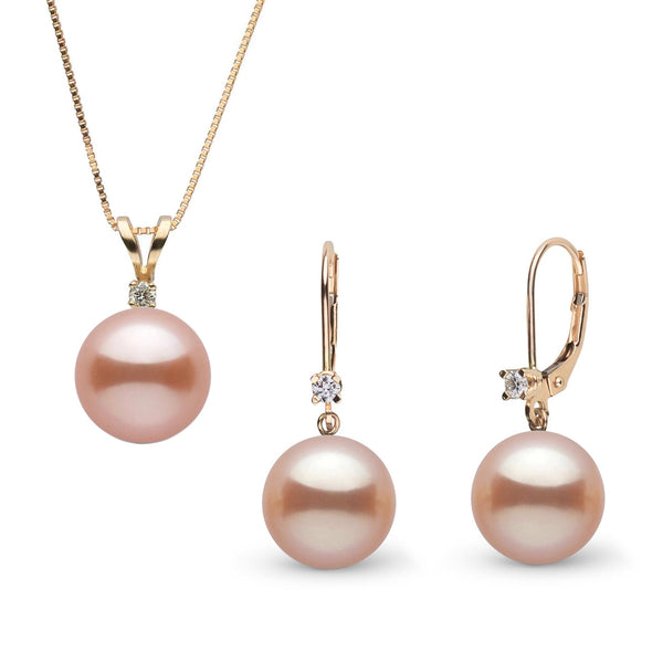 8.5-9.0 mm Pink Freshadama Pearl and Diamond Harmony Pendant and Earrings Set featuring soft pink freshwater pearls with diamond accents on gold settings, elegant pearl jewelry set