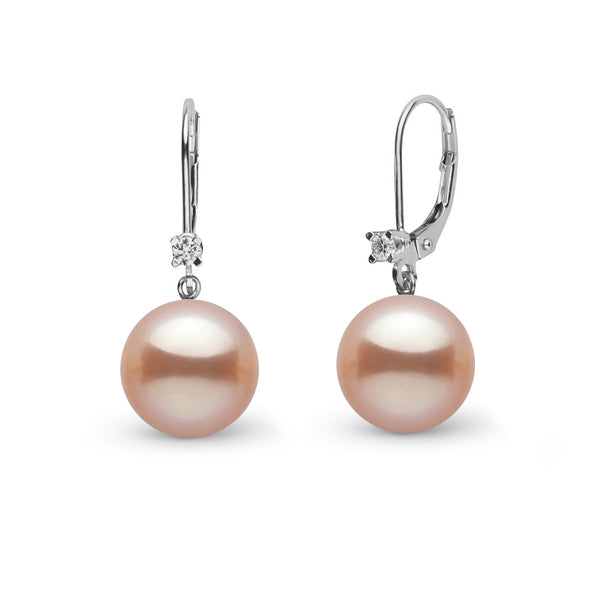 8.5-9.0 mm Pink Freshadama Pearl and Diamond Harmony Earrings featuring soft pink freshwater pearls with sparkling diamonds on elegant leverback settings.