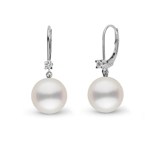 8.5-9.0 mm White Freshadama Pearl and Diamond Harmony Earrings featuring luminous white pearls and sparkling diamonds on elegant leverback settings, perfect for refined style.