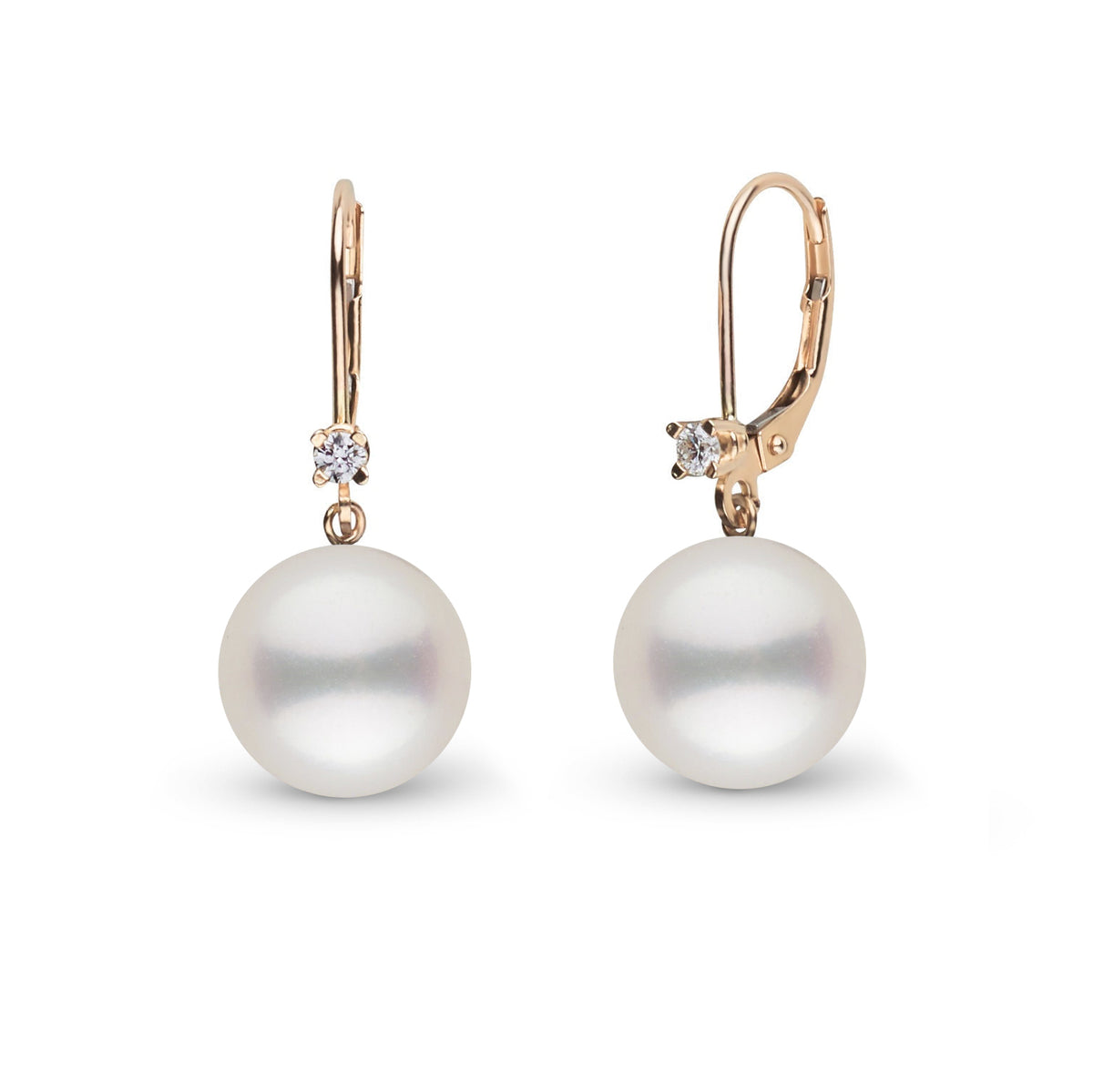8.5-9.0 mm White Freshadama Pearl and Diamond Harmony Earrings featuring round white freshwater pearls with diamond accents and leverback gold settings.