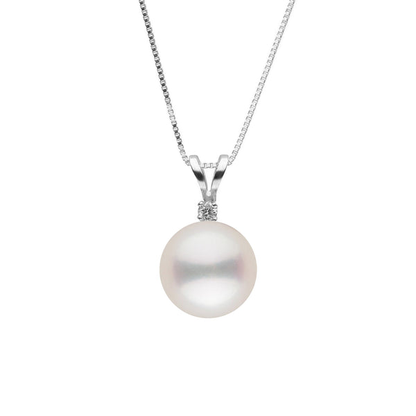 Elegant white freshwater pearl pendant with a single diamond accent on a delicate chain, showcasing the Harmony Collection 8.5-9.0 mm White Freshadama Freshwater Pearl & Diamond Pendant.
