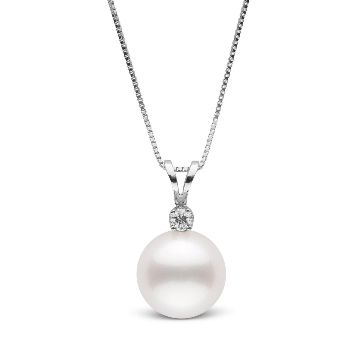 Elegant necklace featuring a single large white freshwater pearl accented with a sparkling diamond, beautifully displayed on a fine 14K white gold chain in the Harmony Collection 10.0-11.0 mm Freshadama Freshwater Pearl & Diamond Pendant.