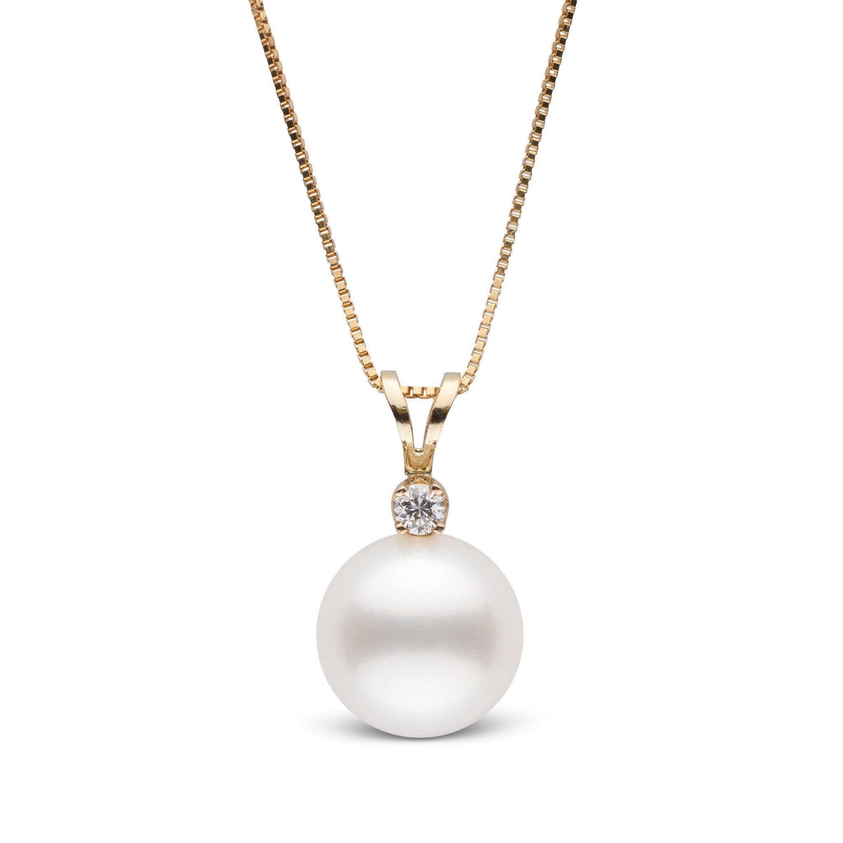 Harmony Collection 10.0-11.0 mm Freshadama Freshwater Pearl & Diamond Pendant featuring a lustrous white pearl and a sparkling diamond set on a delicate gold chain.