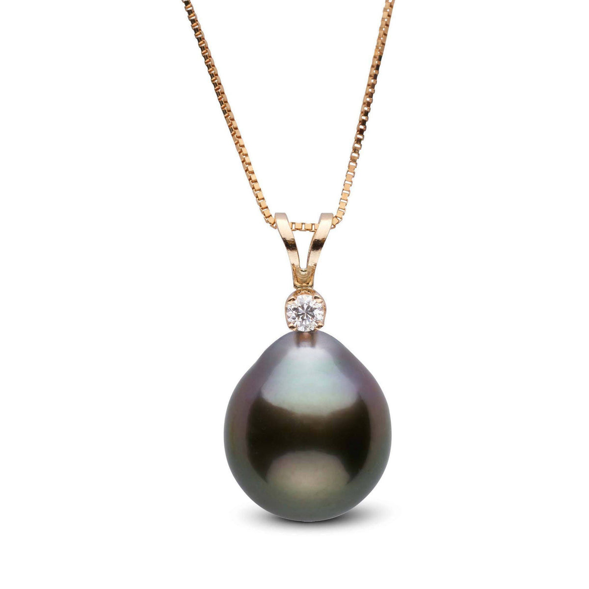 Close-up of a black Tahitian pearl drop pendant featuring a single round diamond on a delicate gold chain, showcasing the Harmony Collection 11.0-12.0 mm Drop Tahitian Pearl & Diamond Pendant.