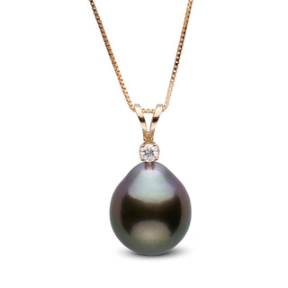 Close-up of a black Tahitian pearl drop pendant featuring a single round diamond on a delicate gold chain, showcasing the Harmony Collection 11.0-12.0 mm Drop Tahitian Pearl & Diamond Pendant.
