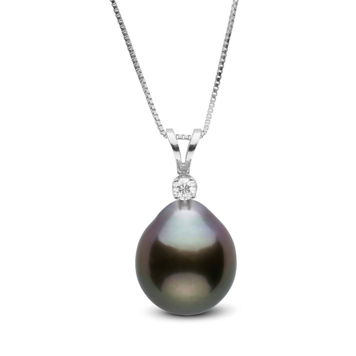 Harmony Collection 11.0-12.0 mm Drop Tahitian Pearl & Diamond Pendant featuring a lustrous dark Tahitian pearl with a single sparkling diamond set on a delicate 14K white gold chain.