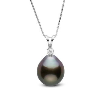 Harmony Collection 11.0-12.0 mm Drop Tahitian Pearl & Diamond Pendant featuring a lustrous dark Tahitian pearl with a single sparkling diamond set on a delicate 14K white gold chain.