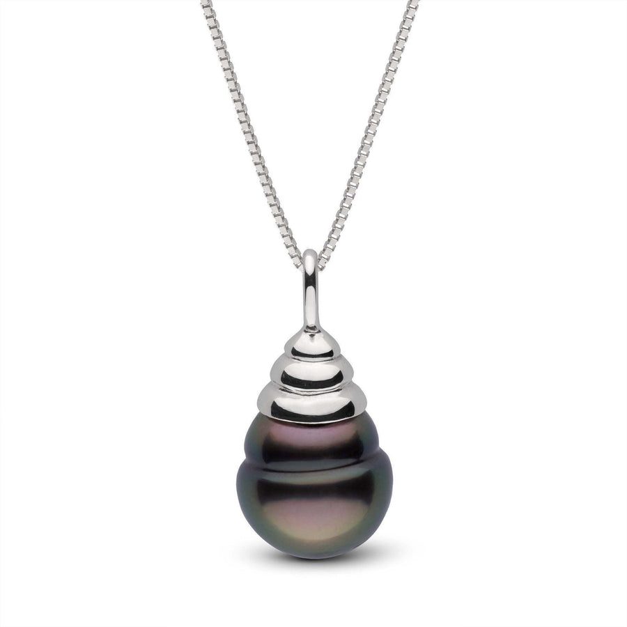 Honey Collection 11.0-12.0 mm Tahitian Baroque Pearl Pendant featuring a uniquely shaped dark Tahitian pearl with subtle iridescent hues on a delicate 14K white gold chain.