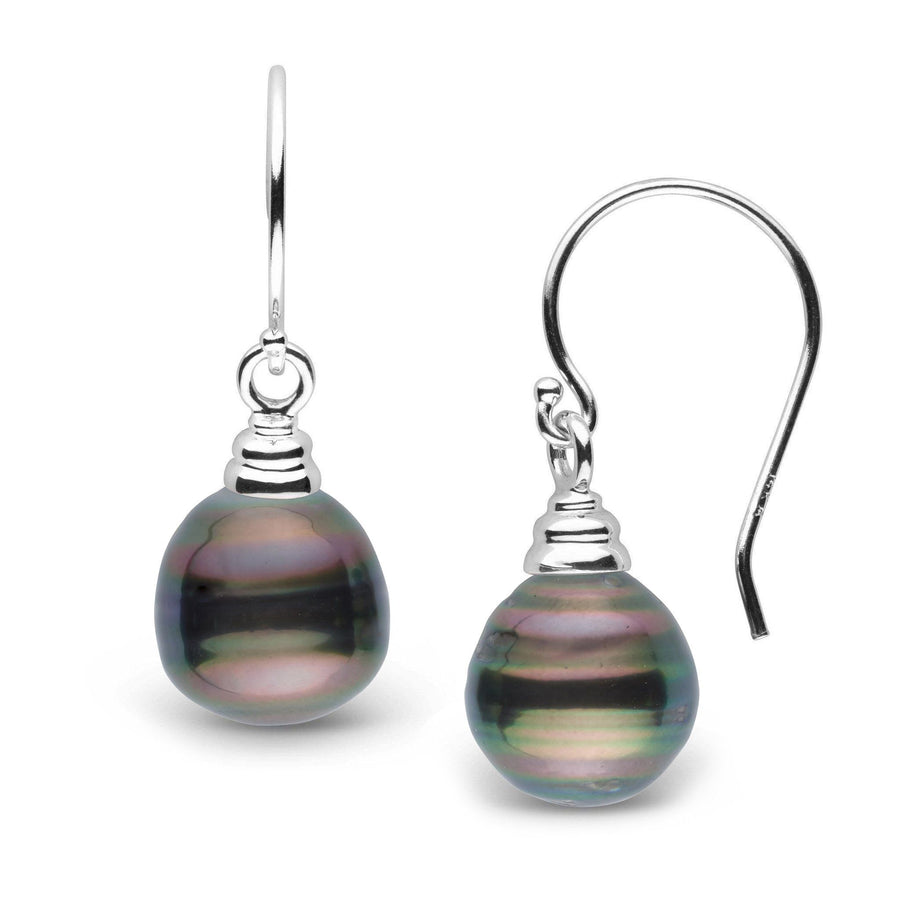 Honey Collection Tahitian Baroque 9.0-10.0 mm Pearl Earrings featuring irregularly shaped dark Tahitian pearls with subtle iridescent hues, set on elegant 14K white gold hooks.