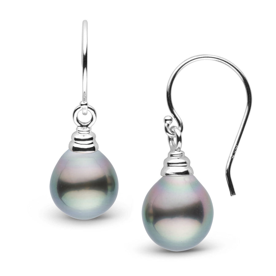 Honey Collection Tahitian Drop 11.0-12.0 mm Pearl Earrings featuring elegant drop-shaped Tahitian pearls with subtle iridescent hues, set on polished 14K white gold hooks.