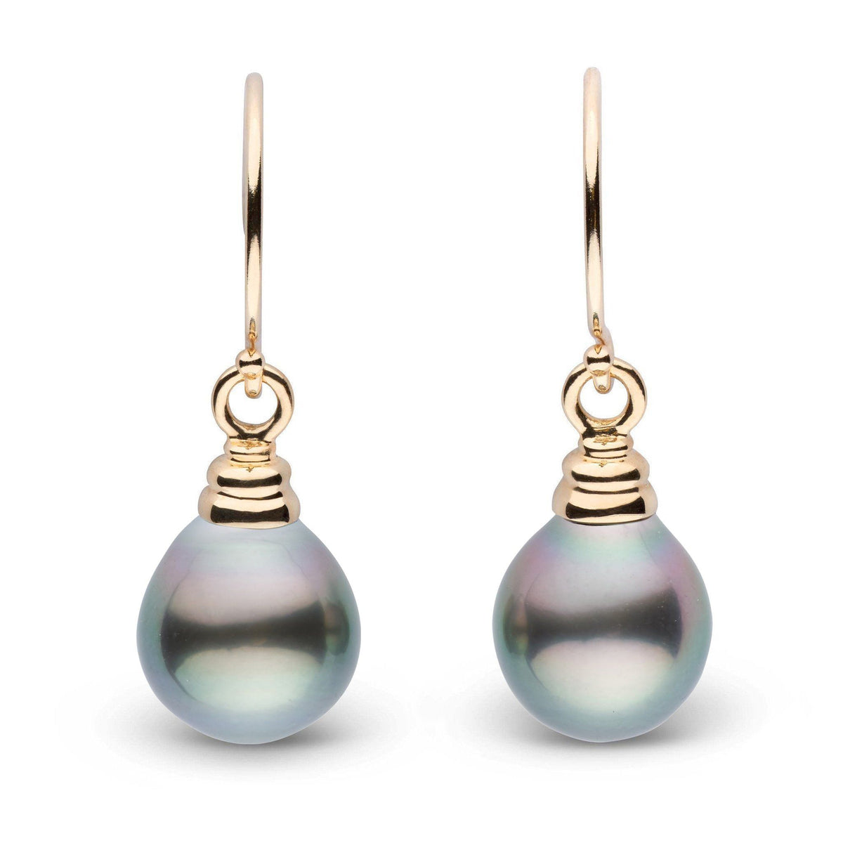 Honey Collection Tahitian Drop 9.0-10.0 mm Pearl Earrings featuring lustrous black Tahitian pearls with subtle iridescent tones, set on elegant yellow gold hooks.