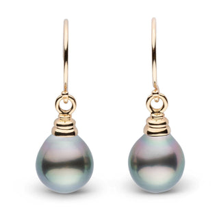 Honey Collection Tahitian Drop 9.0-10.0 mm Pearl Earrings featuring lustrous black Tahitian pearls with subtle iridescent tones, set on elegant yellow gold hooks.