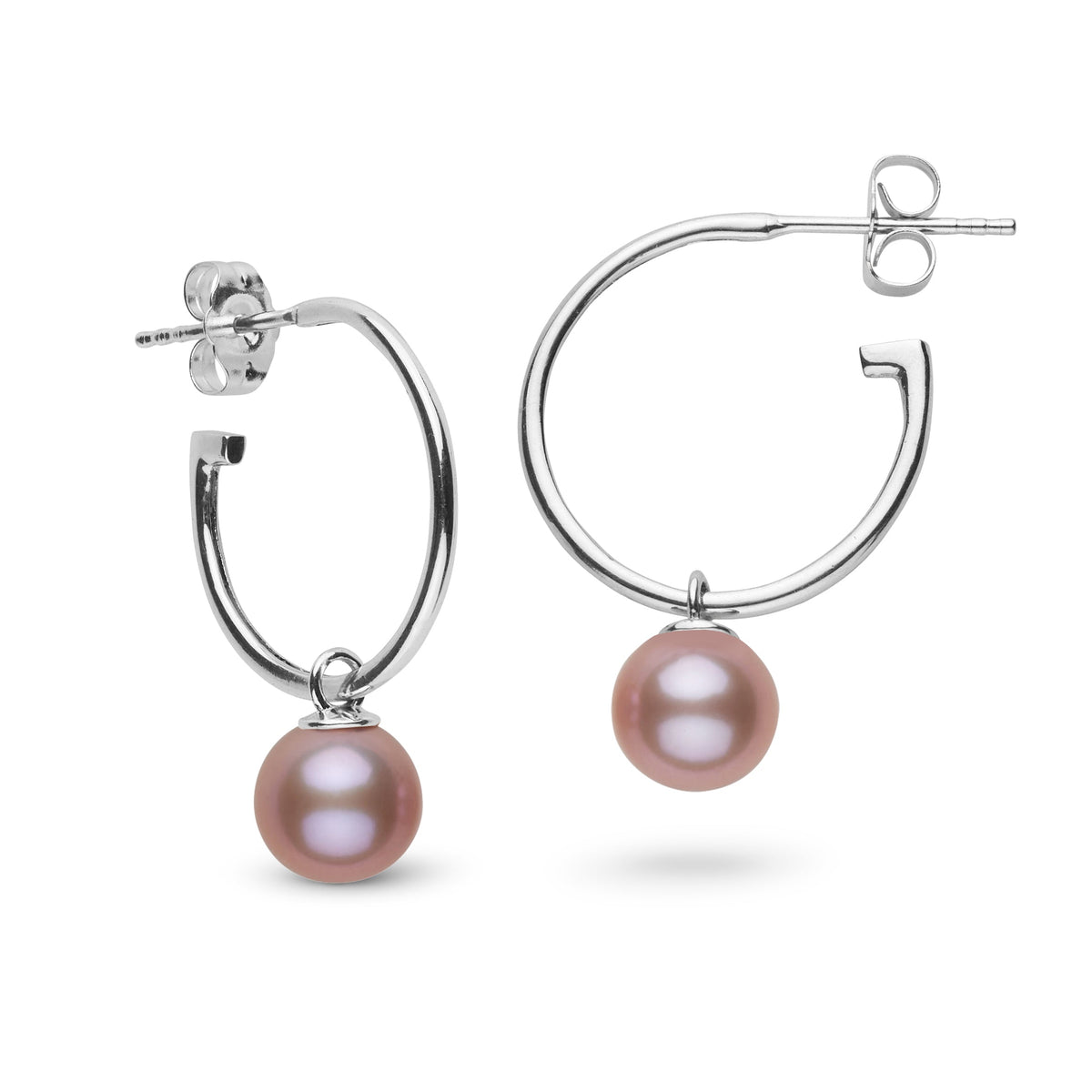 7.5-8.0 mm AAA Lavender Freshwater Pearl Charm Hoop Earrings featuring round lavender pearls hanging from polished 14K white gold hoops, perfect for elegant everyday wear.