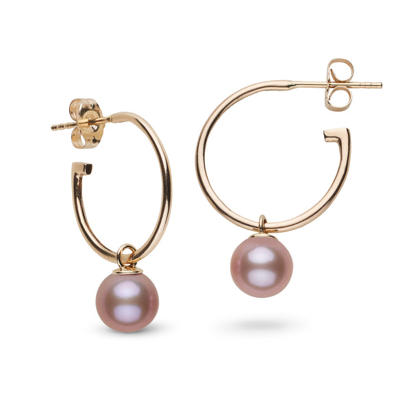 7.5-8.0 mm AAA Lavender Freshwater Pearl Charm Hoop Earrings featuring delicate lavender pearls on elegant gold hoops, perfect for adding a subtle touch of sophistication.