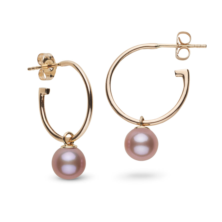 7.5-8.0 mm AAA Lavender Freshwater Pearl Charm Hoop Earrings featuring delicate lavender pearls on elegant gold hoops, perfect for adding a subtle touch of sophistication.