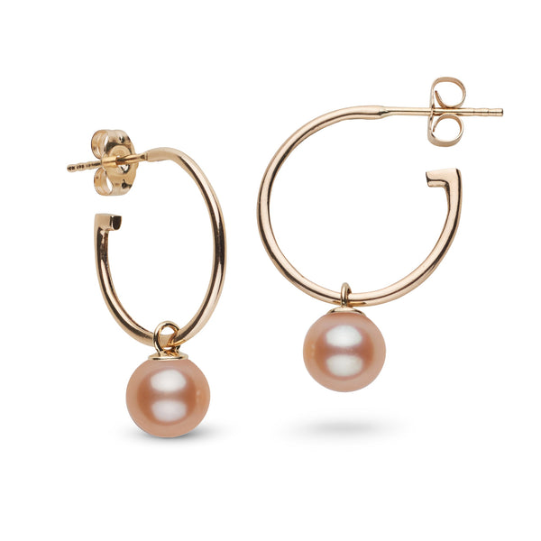 7.5-8.0 mm AAA Pink to Peach Freshwater Pearl Charm Hoop Earrings with delicate pink to peach pearls on elegant gold hoops, showcasing fine freshwater pearls for sale.