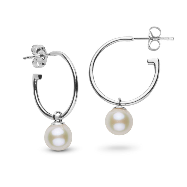7.5-8.0 mm AAA White Freshwater Pearl Charm Hoop Earrings featuring lustrous white freshwater pearls hanging from polished 14K white gold hoops, combining timeless elegance with modern style.