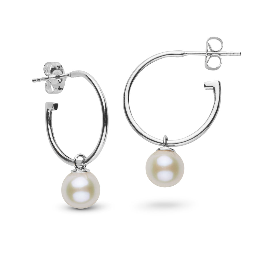7.5-8.0 mm AAA White Freshwater Pearl Charm Hoop Earrings featuring lustrous white freshwater pearls hanging from polished 14K white gold hoops, combining timeless elegance with modern style.