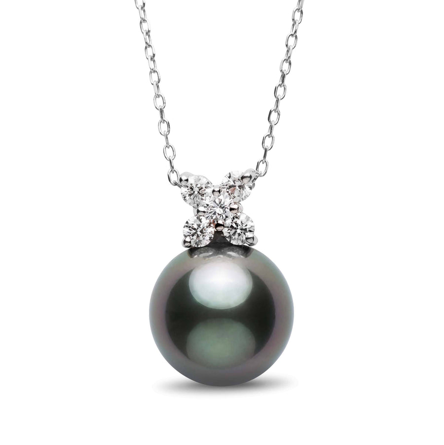 Kiss Collection 12.0-13.0 mm Tahitian Pearl and Diamond Pendant featuring a dark Tahitian pearl with a cluster of sparkling diamonds on a delicate 14K white gold chain.