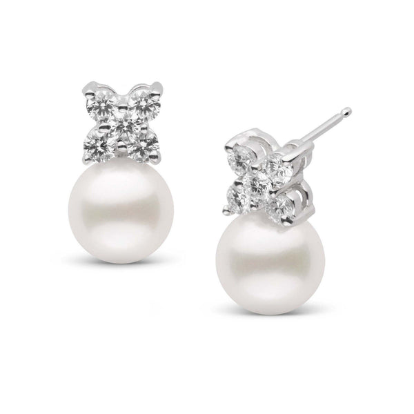 Kiss Collection Freshadama 8.5-9.0 mm Pearl and Diamond Earrings featuring round white pearls accented by a cluster of sparkling diamonds in a 14K white gold setting.