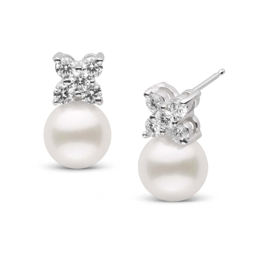 Kiss Collection Freshadama 8.5-9.0 mm Pearl and Diamond Earrings featuring round white pearls accented by a cluster of sparkling diamonds in a 14K white gold setting.