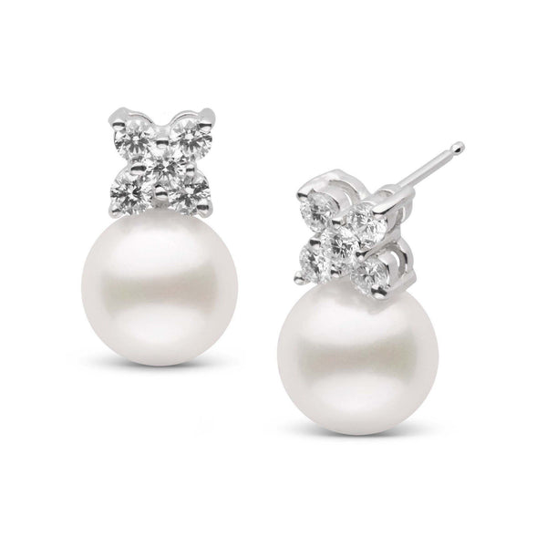 Kiss Collection Freshadama 9.0-10.0 mm Pearl and Diamond Earrings featuring round white pearls topped with a cluster of sparkling diamonds set in 14K white gold studs.