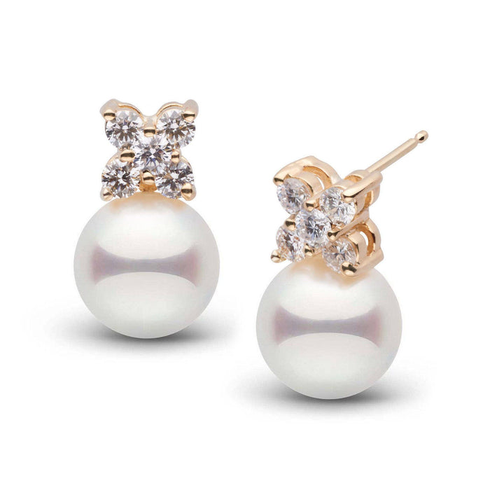 Kiss Collection White 9.0-9.5 mm Akoya Pearl and VS1-G Quality Diamond Earrings in yellow gold
