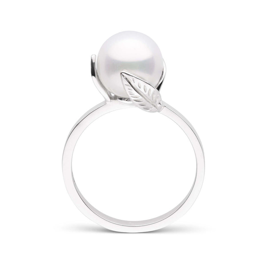 Leaf Collection 8.5-9.0 mm Freshadama Pearl Ring featuring a polished 14K white gold band with a single round freshwater pearl accented by a delicate leaf design.