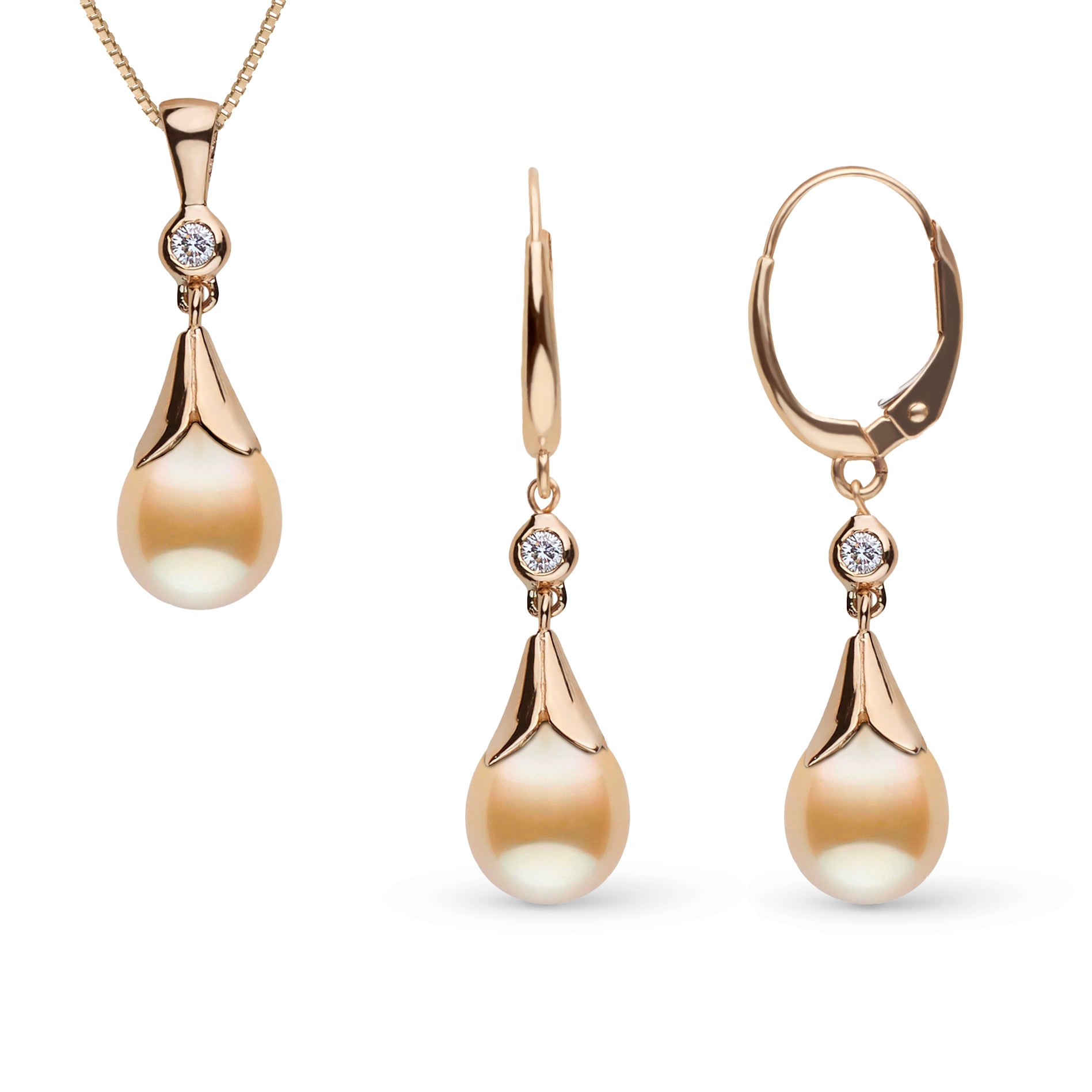 Lilium Collection 9.0-10.0 mm Golden South Sea Drop Pearl and Diamond Pendant and Earrings Set