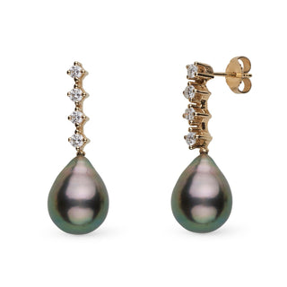 10.0-11.0 mm Tahitian Drop Pearl and Diamond Luminary Earrings featuring teardrop-shaped dark Tahitian pearls suspended from gold settings adorned with sparkling diamonds.