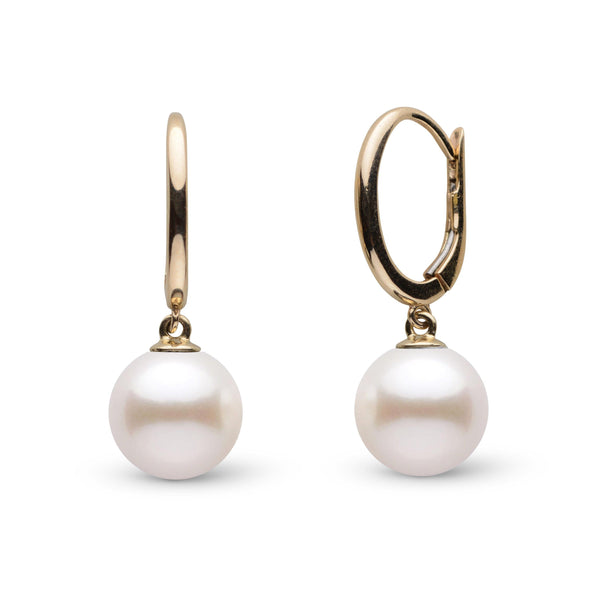Solid Eternal Collection White Freshadama 8.5-9.0 mm Pearl Dangle Earrings featuring lustrous white freshwater pearls suspended from elegant gold hoops.