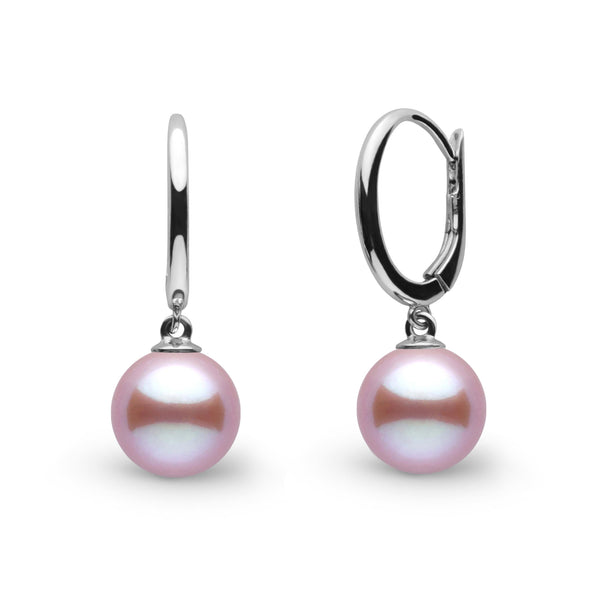 Solid Eternal Collection 7.5-8.0 mm Lavender Freshadama Pearl Earrings featuring round lavender freshwater pearls with elegant 14K white gold lever-back clasps.