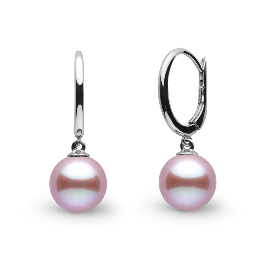 Solid Eternal Collection 7.5-8.0 mm Lavender Freshadama Pearl Earrings featuring round lavender freshwater pearls with elegant 14K white gold lever-back clasps.