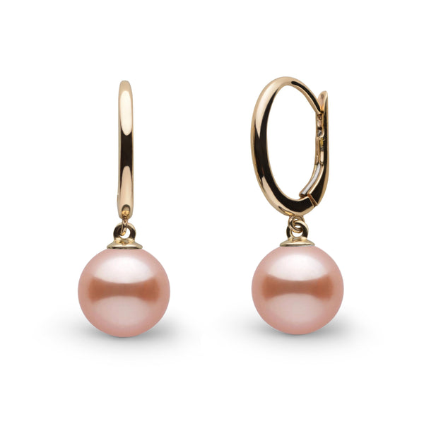 Solid Eternal Collection 7.5-8.0 mm Pink Freshadama Pearl Earrings featuring round pink freshwater pearls suspended from polished yellow gold hoop clasps.