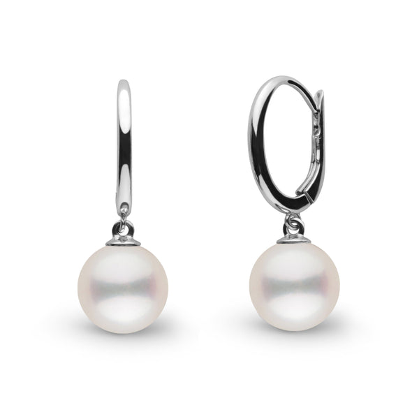 Solid Eternal Collection 7.5-8.0 mm White Freshadama Pearl Earrings featuring round white freshwater pearls suspended from polished 14K white gold hoop settings, elegant and timeless.