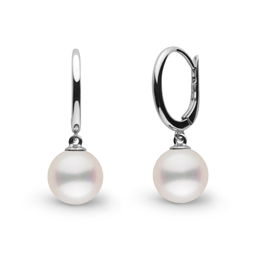 Solid Eternal Collection 7.5-8.0 mm White Freshadama Pearl Earrings featuring round white freshwater pearls suspended from polished 14K white gold hoop settings, elegant and timeless.