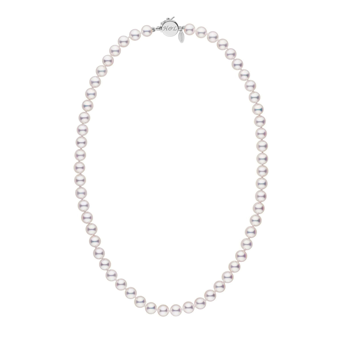 Personalized 18 Inch 7.0-7.5 mm Hanadama Akoya Pearl Circle Clasp Necklace featuring lustrous white cultured pearls and a sleek 14K white gold circle clasp for elegant wear.