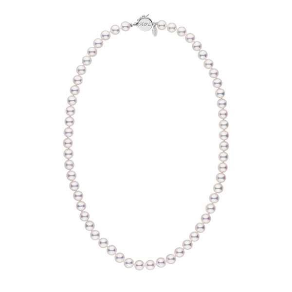 Personalized 18 Inch 7.0-7.5 mm Hanadama Akoya Pearl Circle Clasp Necklace featuring lustrous white cultured pearls and a sleek 14K white gold circle clasp for elegant wear.