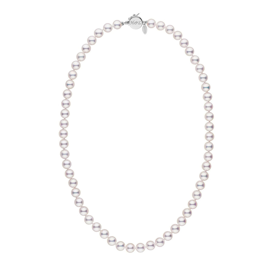 Personalized 18 Inch 7.0-7.5 mm Hanadama Akoya Pearl Circle Clasp Necklace featuring lustrous white cultured pearls and a sleek 14K white gold circle clasp for elegant wear.