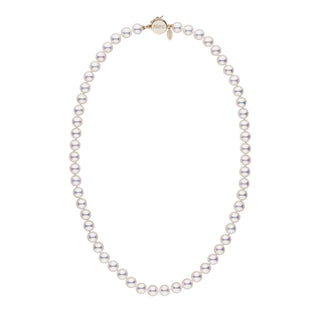 Personalized 18 Inch 7.0-7.5 mm Hanadama Akoya Pearl Circle Clasp Necklace featuring lustrous white pearls and a gold circle clasp, elegant cultured pearl jewelry.