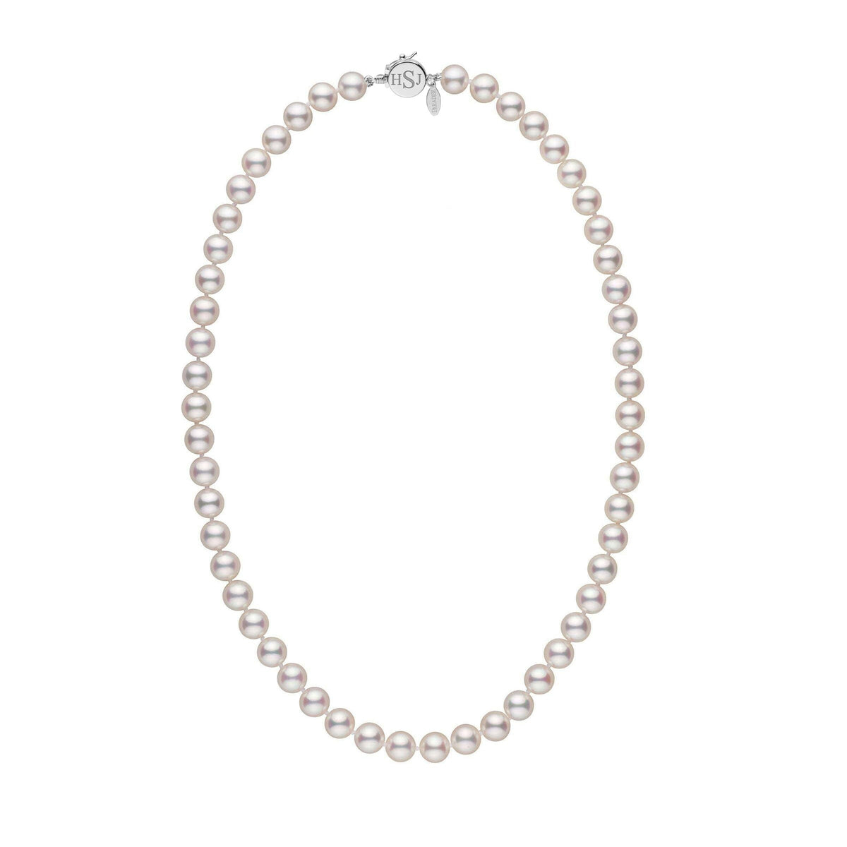 Personalized 18 Inch 7.5-8.0 mm Hanadama Akoya Pearl Circle Clasp Necklace featuring lustrous white akoya pearls with a polished circular clasp.