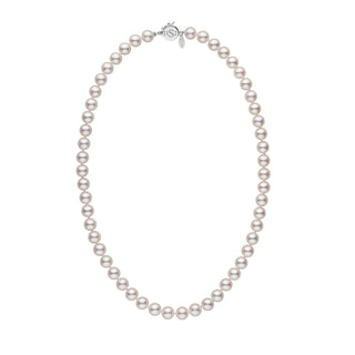 Personalized 18 Inch 7.5-8.0 mm Hanadama Akoya Pearl Circle Clasp Necklace featuring lustrous white akoya pearls with a polished circular clasp.