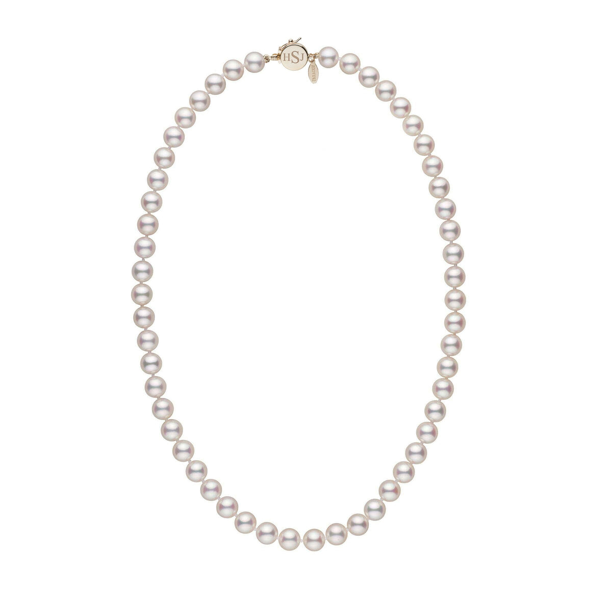 Personalized 18 Inch 7.5-8.0 mm Hanadama Akoya Pearl Circle Clasp Necklace featuring a strand of lustrous white pearls with a gold circular clasp, elegant and timeless.
