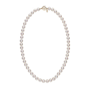 Personalized 18 Inch 7.5-8.0 mm Hanadama Akoya Pearl Circle Clasp Necklace featuring a strand of lustrous white pearls with a gold circular clasp, elegant and timeless.