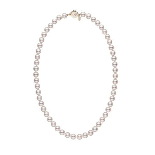 Personalized 18 Inch 7.5-8.0 mm Hanadama Akoya Pearl Circle Clasp Necklace featuring a strand of lustrous white pearls with a gold circular clasp, elegant and timeless.