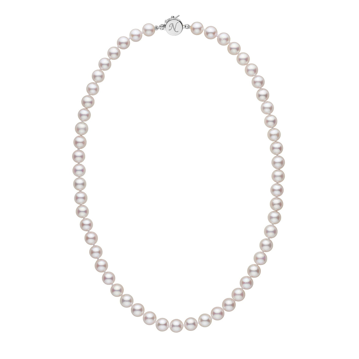 Personalized 18 Inch 7.5-8.0 mm AAA Akoya Pearl Circle Clasp Necklace featuring lustrous white cultured pearls with a polished circular clasp engraved with an initial.
