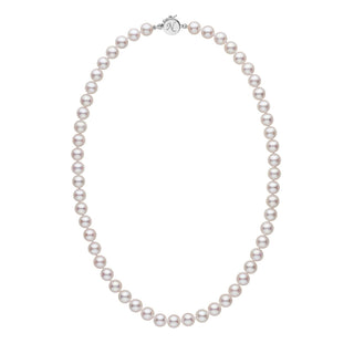 Personalized 18 Inch 7.5-8.0 mm AAA Akoya Pearl Circle Clasp Necklace featuring lustrous white cultured pearls with a polished circular clasp engraved with an initial.
